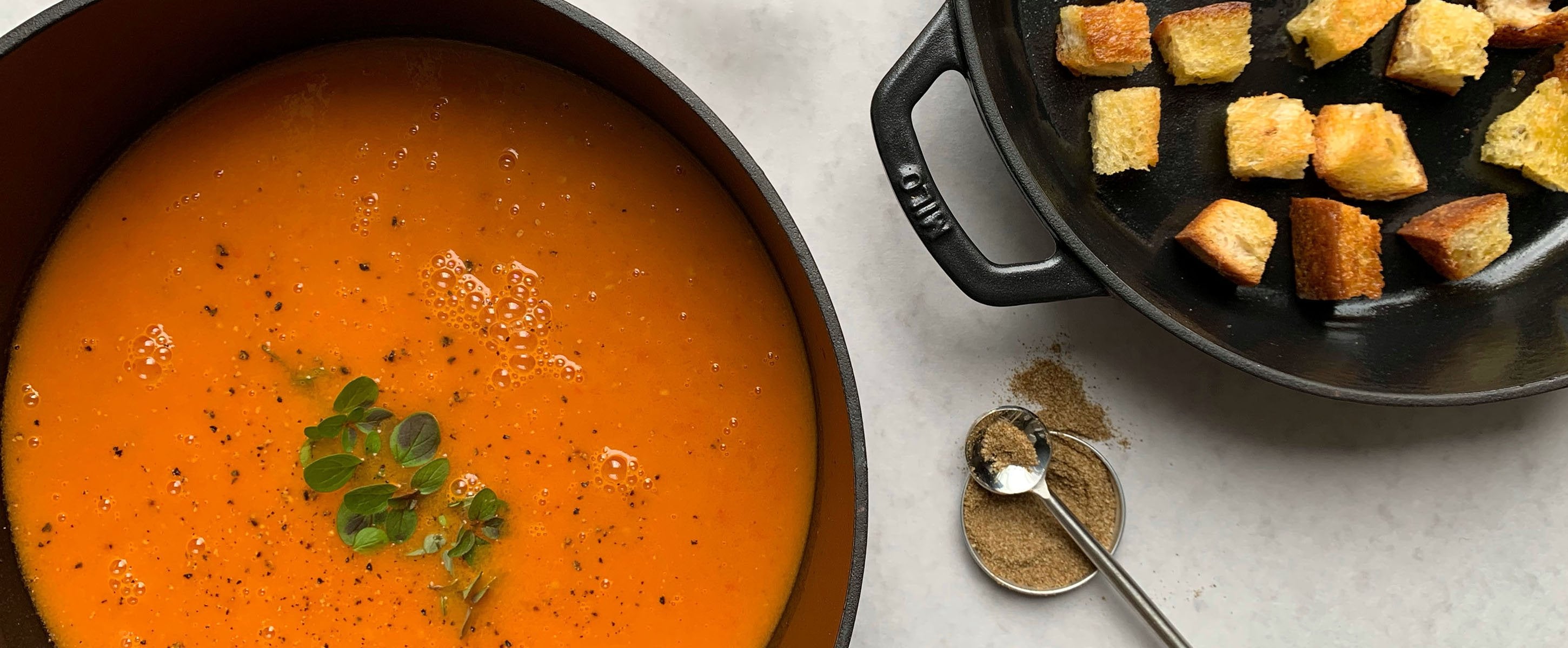 Dutch Oven Tomato Soup Recipe with Crispy Sourdough Croutons Kana
